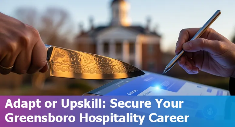 Greensboro hotel lobby with a receptionist counter, self-service kiosk, and a cleaning robot in the hallway.