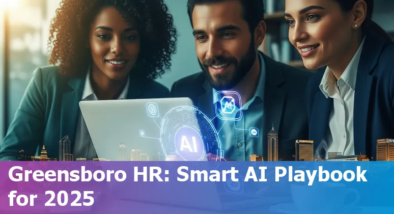 HR professional using AI dashboard with Greensboro, North Carolina skyline and N.C. A&T conference poster in background