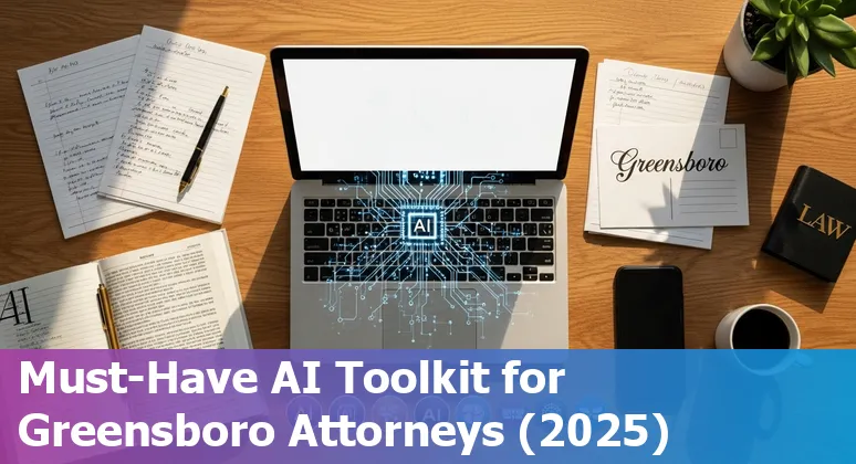 Greensboro lawyer using AI tools on laptop with city skyline and legal books in background