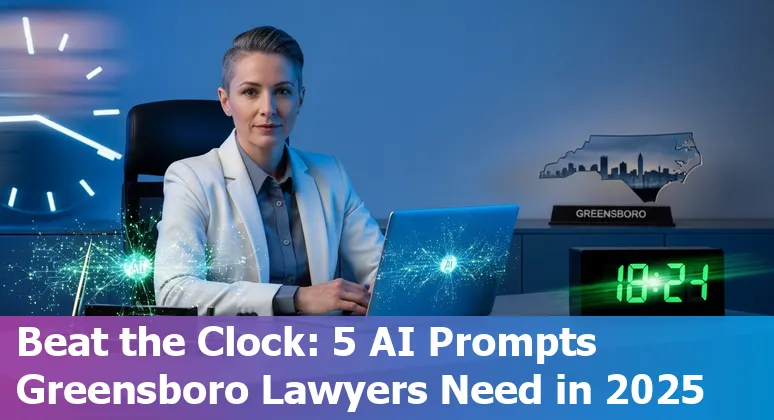 Greensboro attorney using AI tools on laptop with courtroom and courthouse icons in background.