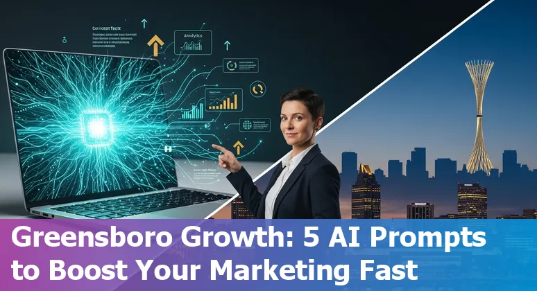 Marketing professional using AI prompts on a laptop with Greensboro skyline in the background
