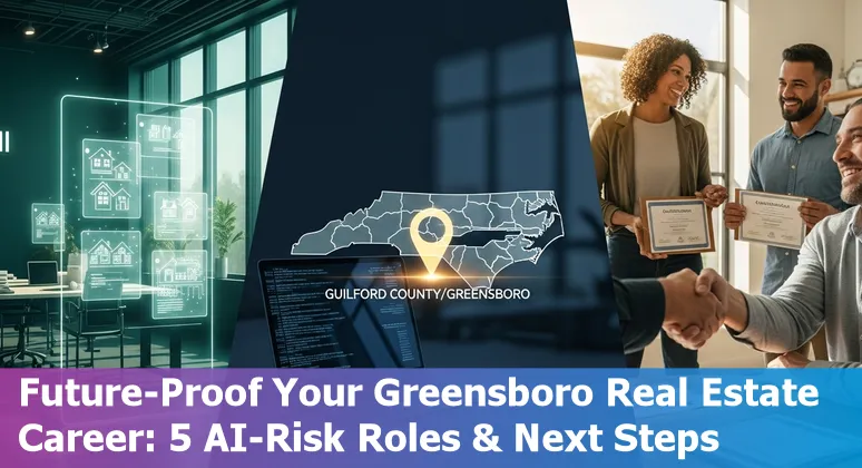 Real estate agent using laptop with Greensboro skyline and AI icons representing automation.