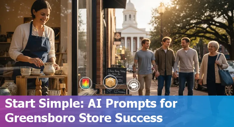 Greensboro retail storefront with AI icons representing personalization, predictive shopping, inventory, and chat assistant.