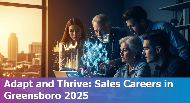 Salesperson using AI tools on laptop in Greensboro, North Carolina skyline background