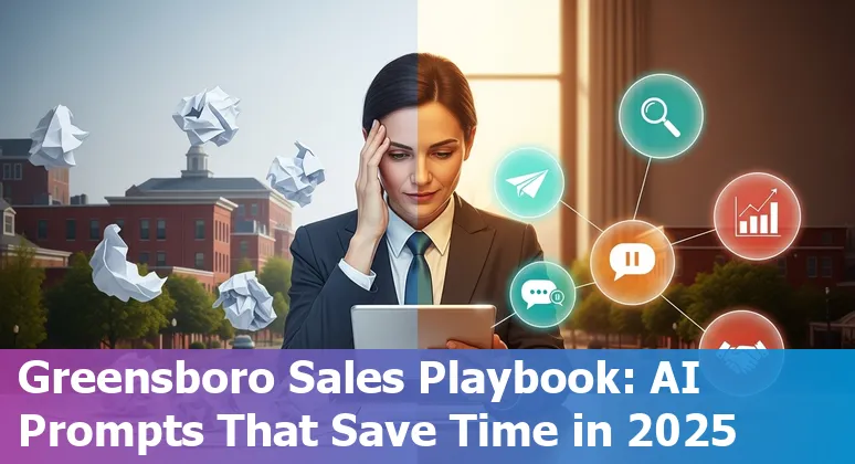 Sales professional using AI prompts on a laptop with Greensboro cityscape in the background.