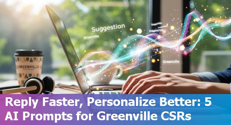 Customer service agent using AI prompts on a laptop with Greenville, NC skyline in the background.