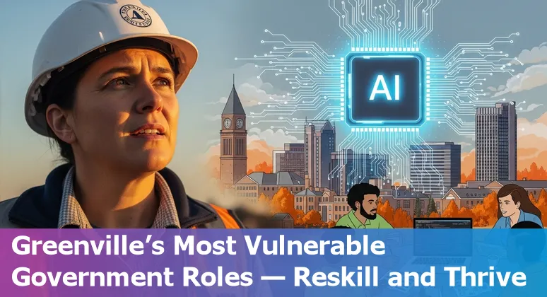 Greenville North Carolina city hall worker using a tablet with AI icons overlay, representing public-sector job adaptation to AI.