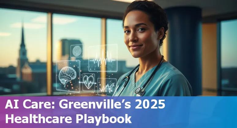 Healthcare AI concept with Greenville, North Carolina skyline in 2025, showing doctors, data charts, and AI icons