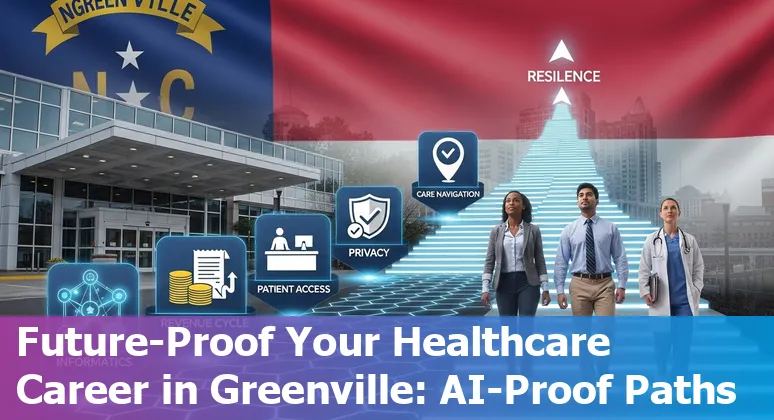 Healthcare worker at Greenville clinic using EHR while AI icons represent automation and upskilling resources