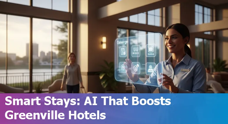 Hospitality staff using AI tools on a laptop with Greenville skyline in background
