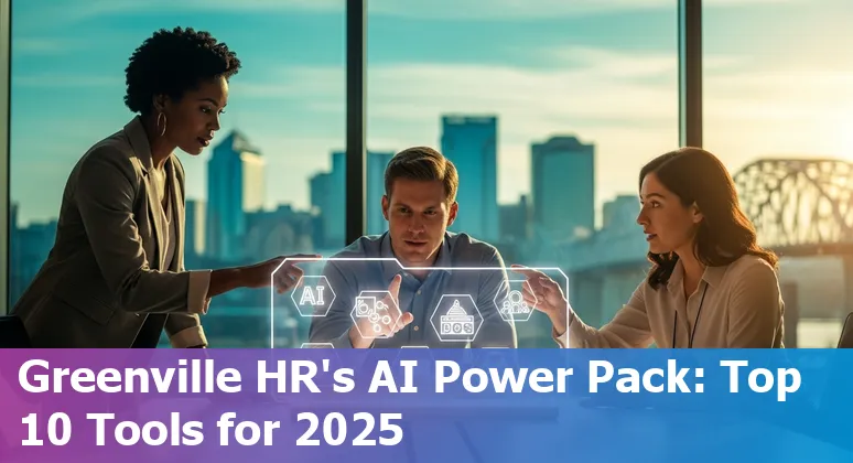 Greenville HR professionals evaluating AI HR tools with laptops and charts at a local summit.