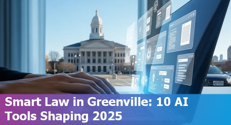Lawyer using AI tools on laptop with Greenville, NC skyline in background