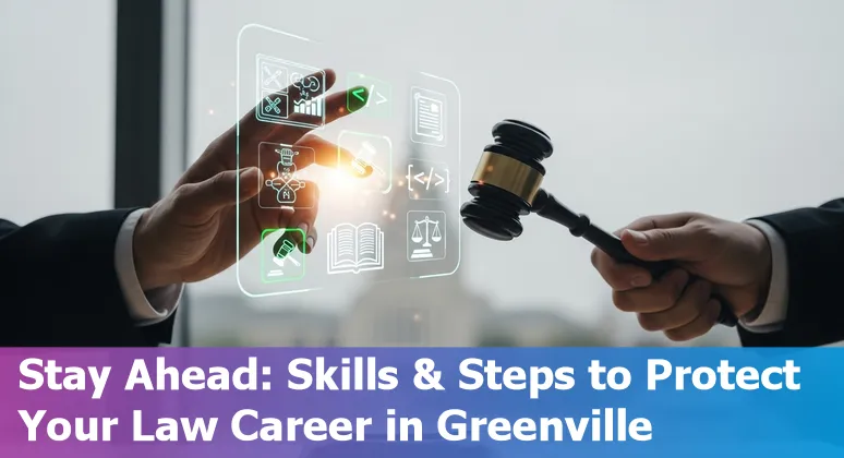 Greenville, North Carolina skyline with a digital AI legal interface overlay illustrating AI and law in Greenville, NC.