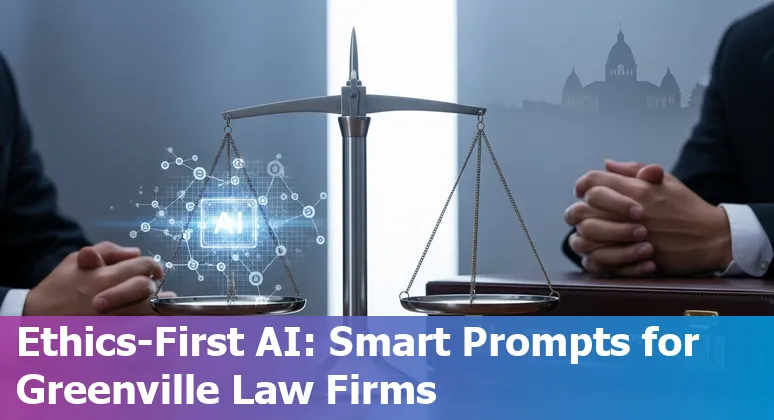 Greenville lawyer using AI prompts on laptop with courthouse in background