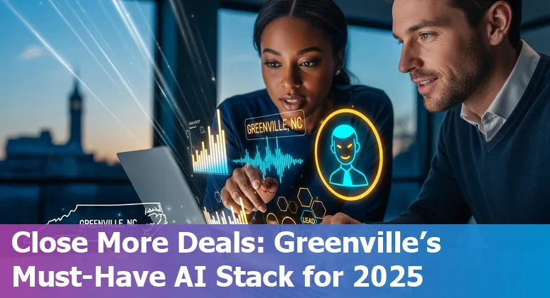 Greenville sales professional using AI tools on laptop with sales dashboard and city skyline in background