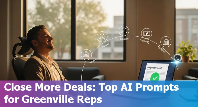 Salesperson using AI laptop tools in Greenville, NC skyline background, representing prompts for outreach and proposals