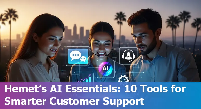 Customer service rep in Hemet using AI tools dashboard with GoTo and LogMeIn logos on screen