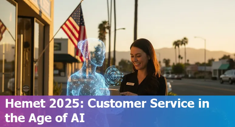 Customer service agent using AI tools in Hemet, California, US contact center, showing hybrid human-AI teamwork.