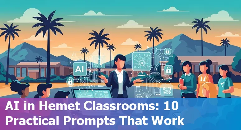 Educators and students using AI tools in a classroom setting with Hemet, California landmarks in the background