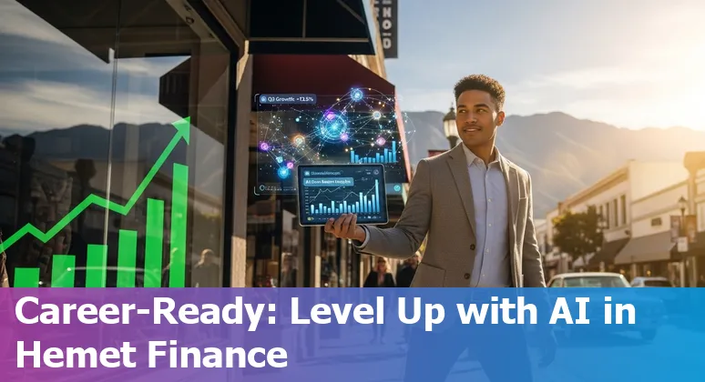 Finance professional using AI tools in Hemet, California office, 2025