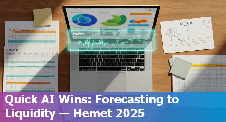 Finance professional in Hemet using AI prompts for forecasting, AR aging, variance analysis, GL checks, and liquidity reporting on a laptop.