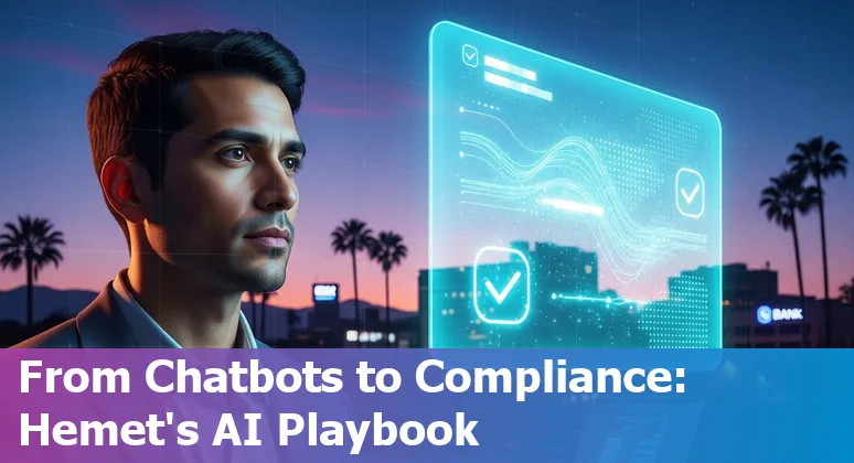 Bank teller and laptop showing AI dashboards for Hemet financial services.