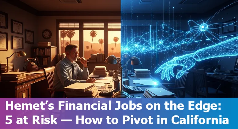 Hemet financial district montage with icons for customer service, sales, writing, compliance, and data science.