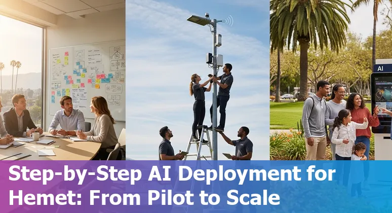 City officials using AI dashboard in Hemet, California with California and US AI policy documents visible