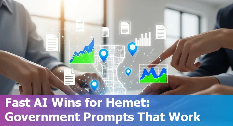 Hemet city hall with icons representing AI prompts, chatbots, and geospatial maps.