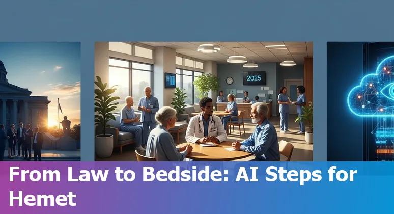 Healthcare AI discussion with clinicians and laptop in Hemet, California, showing AI compliance checklist for 2025