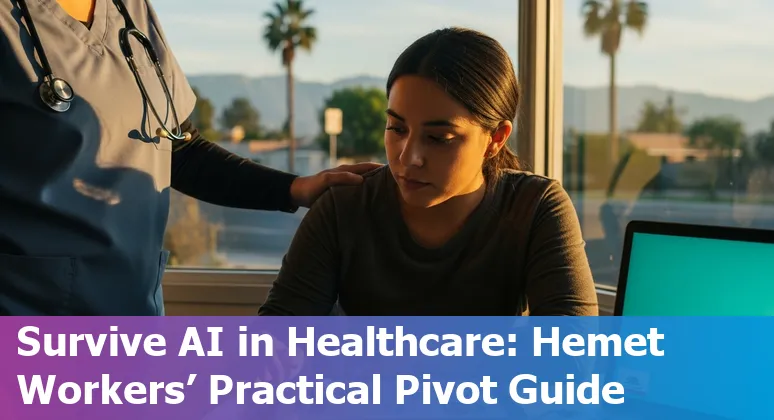 Healthcare worker using AI-powered tools in a Hemet clinic setting, showing coding, imaging, lab automation and patient interaction.