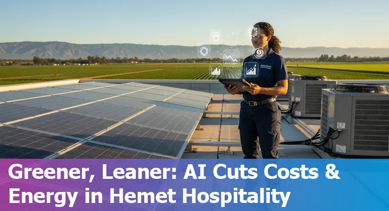Hotel lobby with AI kiosk helping guests in Hemet, California, US