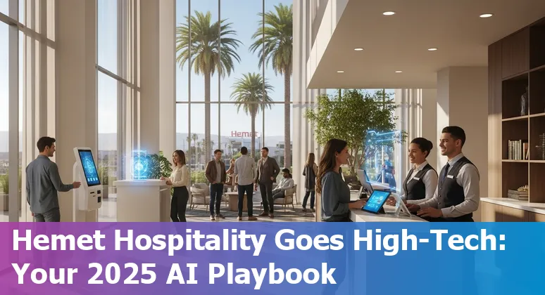 Hemet, California hotel lobby with AI dashboard on screen showing hospitality analytics in 2025