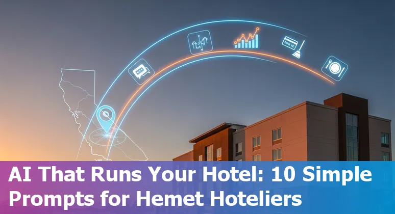 Hotel front desk using AI chatbot on tablet with Hemet, California map in background.