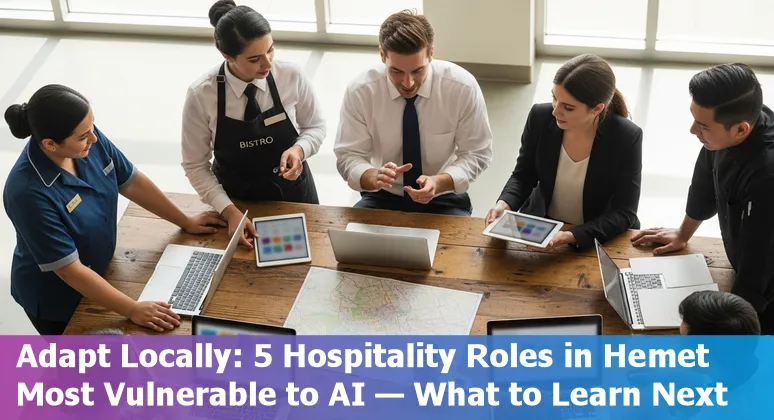 Hotel front desk with kiosk and a staff member helping a guest in Hemet, California.