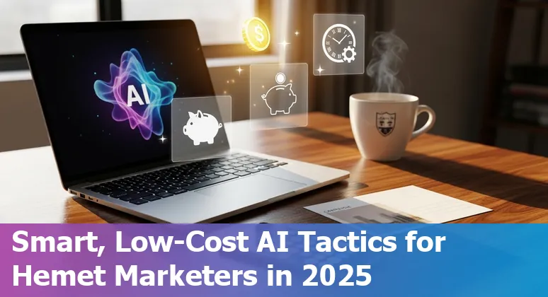 Hemet marketer using AI tools on laptop to plan local campaigns with charts and social images