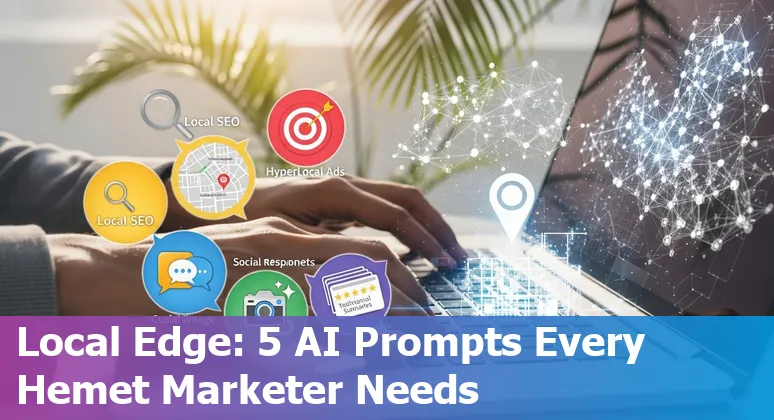Marketing professional in Hemet using AI tools on a laptop with Hemet city map and local business images
