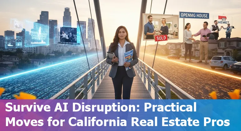 Hemet real estate agent using a laptop with AI tools and neighborhood map