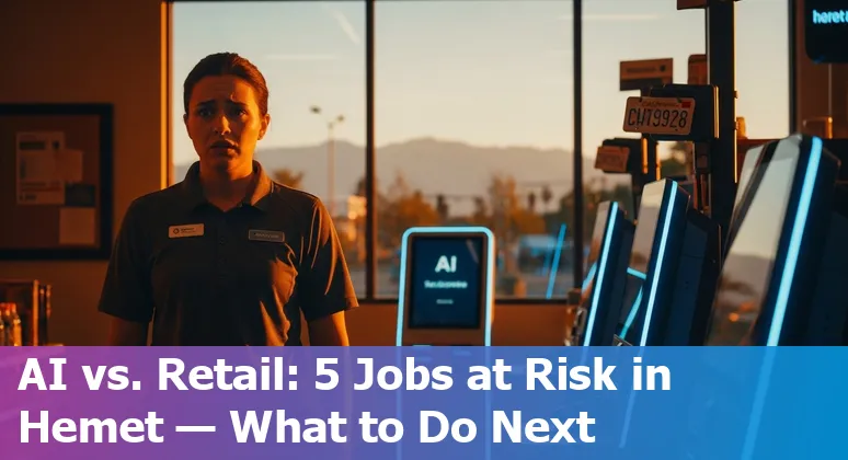 Retail worker helping customer at a Hemet, CA store counter with an AI kiosk in background