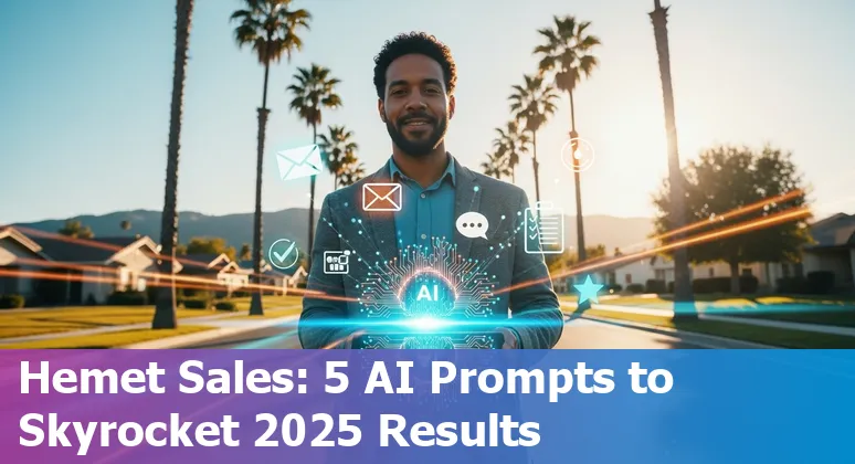 Sales professional in Hemet using AI prompts on a laptop with Hemet cityscape in the background
