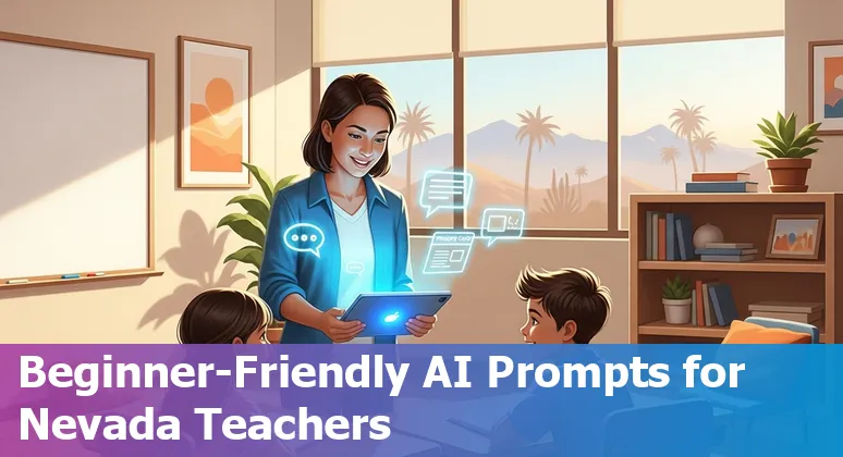 Teacher using AI tools on a laptop in a Henderson classroom, with students engaging; icons for ChatGPT, Duolingo, and virtual labs.