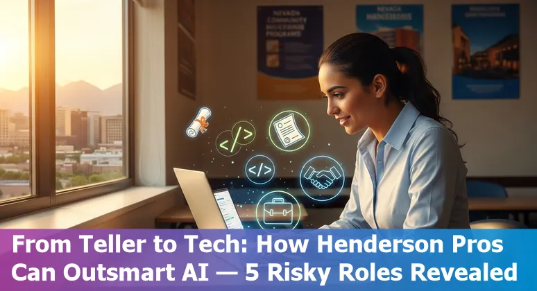 Person in Henderson, Nevada researching AI impact on financial jobs with laptop and Henderson skyline.