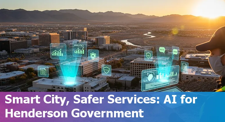 Henderson city hall with AI icons showing prompts, chatbots, documents, and secure cloud.