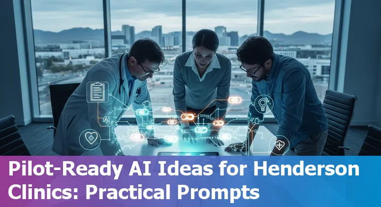 Healthcare providers in Henderson using AI tools on tablets with hospital skyline in background