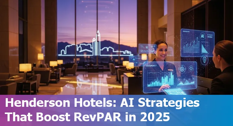 Henderson Nevada hotel lobby with AI chatbot kiosk and smart room controls illustration