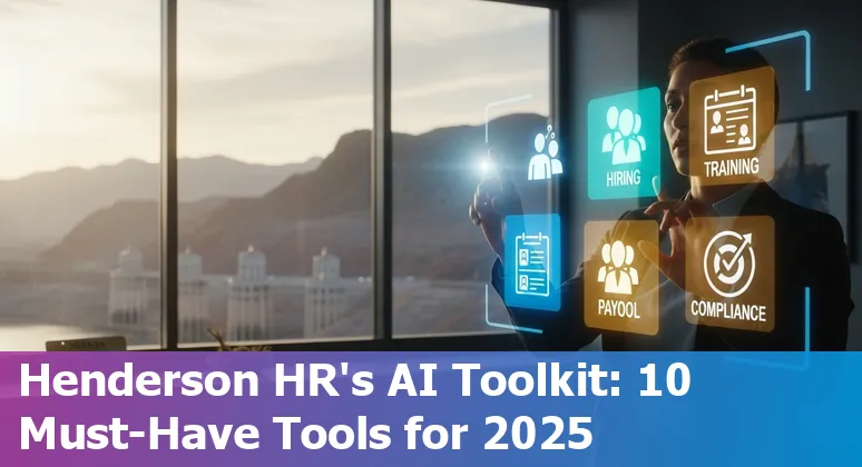Henderson HR professional reviewing top AI tools on a laptop with Nevada skyline in background.