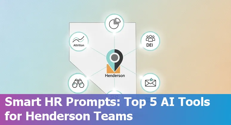 HR professional using AI prompts on a laptop, with Henderson, Nevada skyline in background.