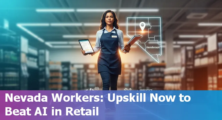 Henderson retail worker using POS terminal while an automated shelf-scanning robot operates in background