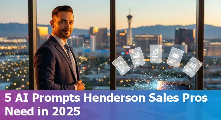 Sales professional using AI prompts on laptop with Henderson, Nevada skyline in background.