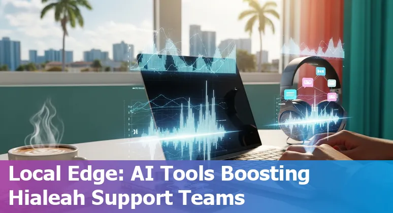 Customer service representative using AI tools on laptop with Miami skyline in background